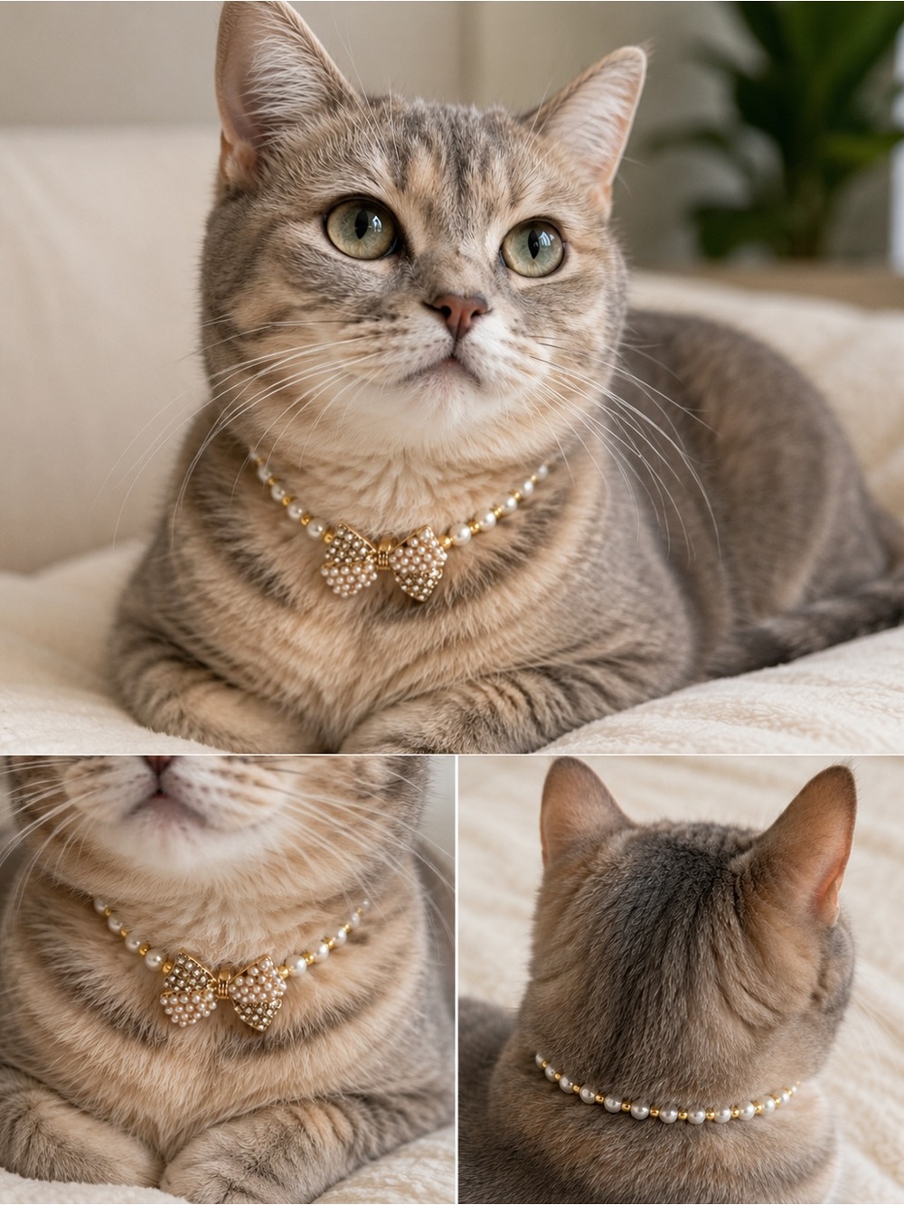 Pearl Bow Cat Collar • Stretchy Petite Cat Necklace • Elegant Gold & Ivory 8”